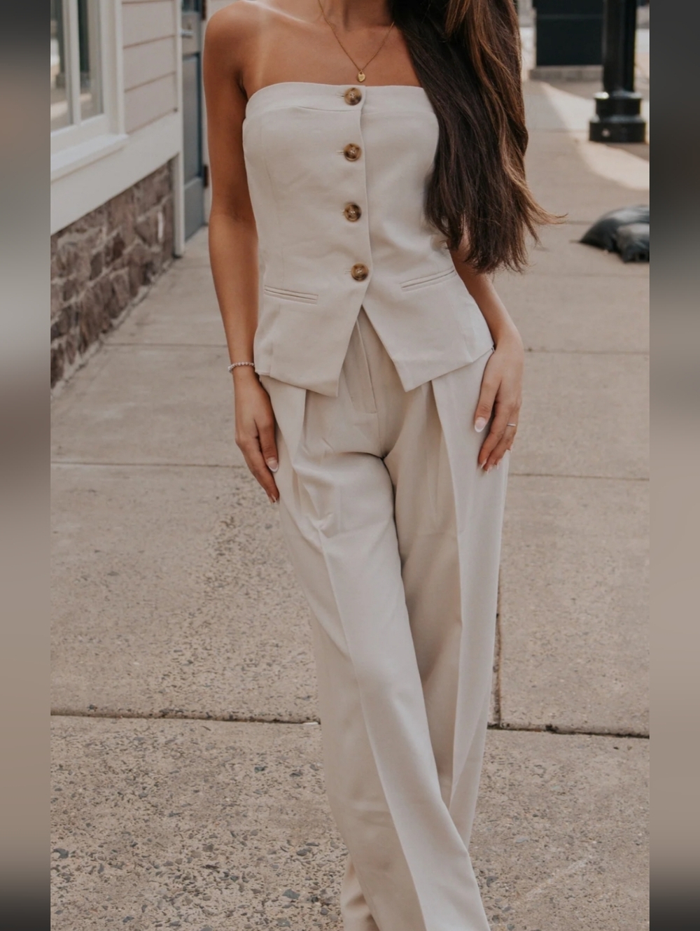 NIA Ivory 2 Piece Outfit Set Button Corset Top Wide Leg Pants